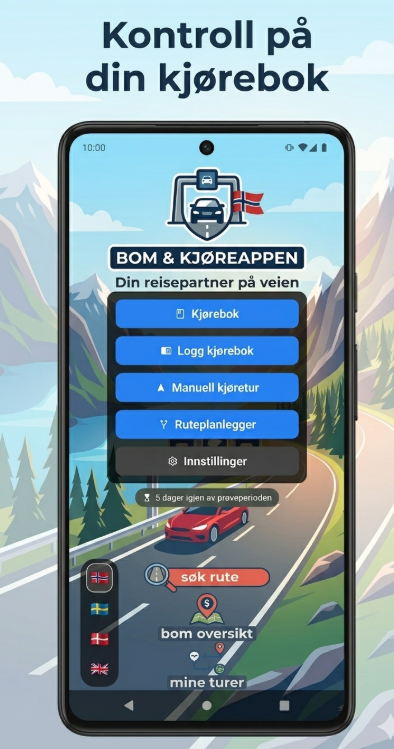 Screenshot of the Bom & Kjøreappen toll and mileage app