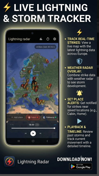 Screenshot of the Lightning Radar storm tracking app